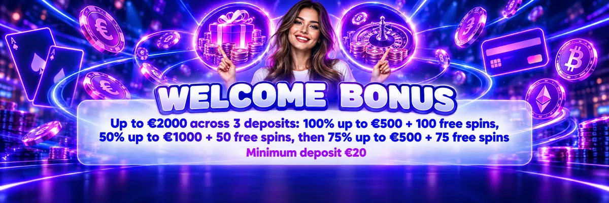 Slots Gallery welcome bonus banner featuring a young woman raising both index fingers beside glowing coins, card-payment logos and the offer of up to €2000 across 3 deposits