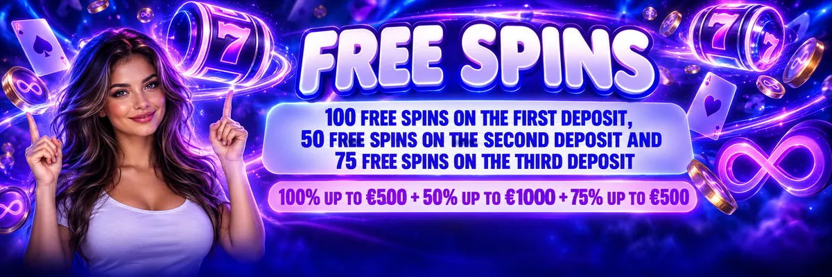 Slots Gallery free spins banner showing a front-facing young woman pointing towards glowing free-spin symbols and neon infinity graphics